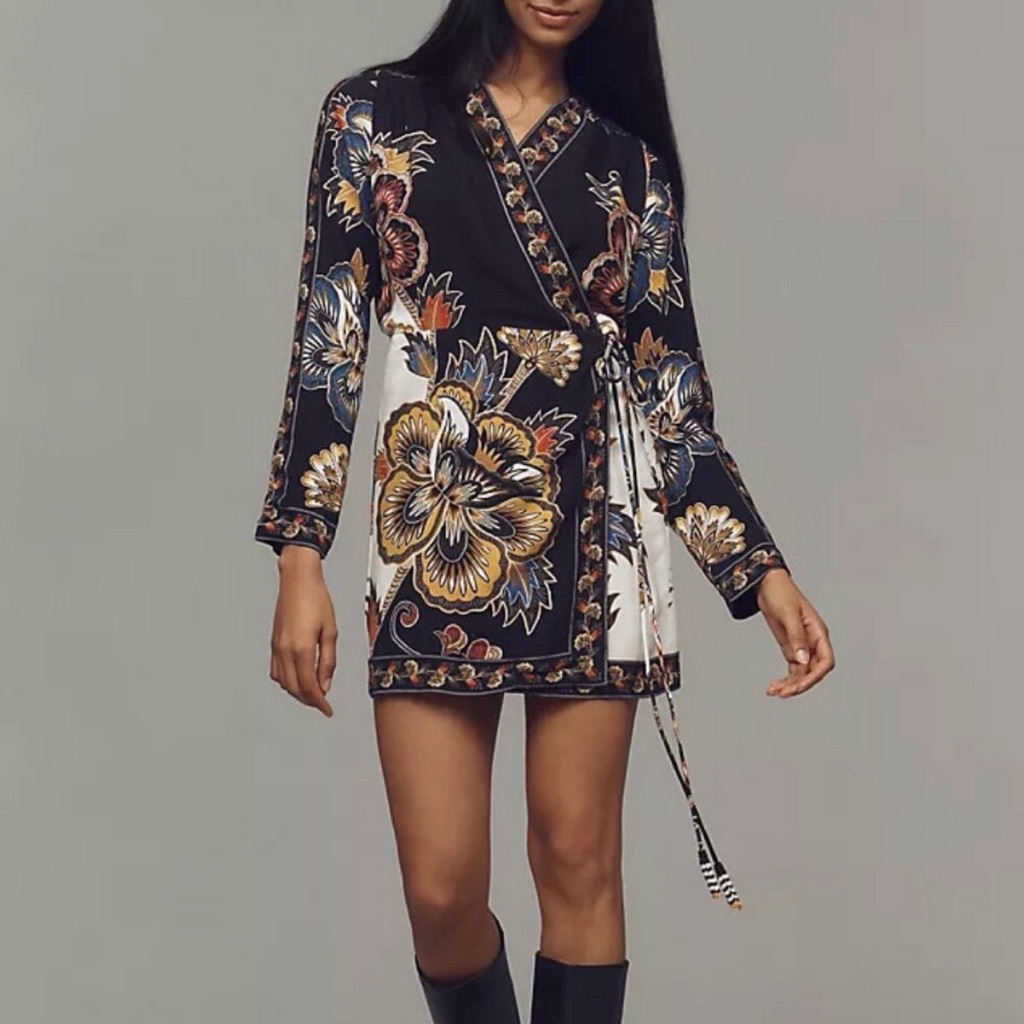 Floral Mini Wrap Dress In Black Multi Colored